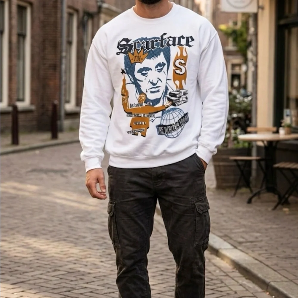 White Graphic Crewneck Sweater with Vintage Print